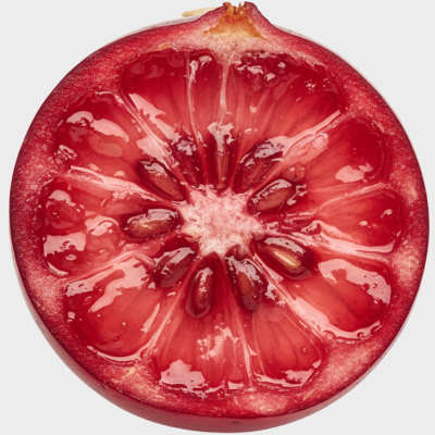 Close-up of a halved cranberry with juicy red flesh and seeds on a white background