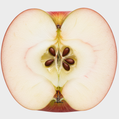 Close-up of a halved apple showing seeds on a white background